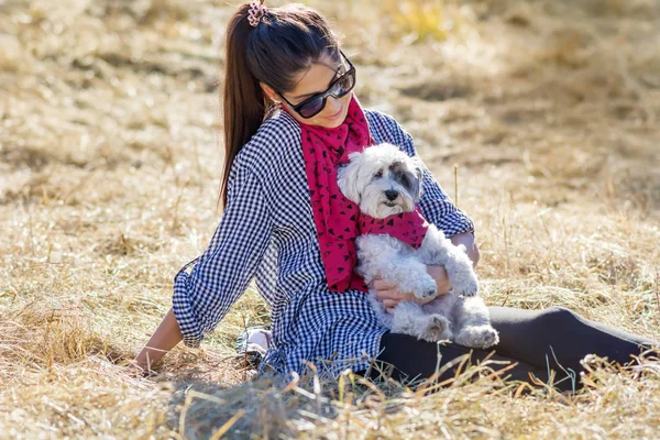 Beautiful Smiling Woman Hugging Her Cute Havanese Dog Red Scarf — Stock Photo, Image