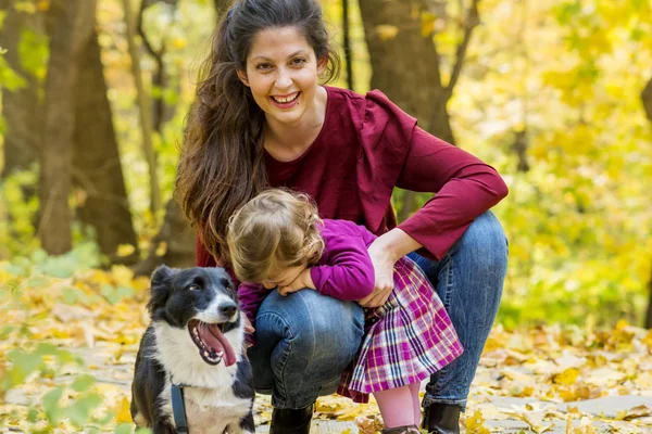 Mãe Feliz Com Seu Bebê Menina Seu Cão Parque Outono — Fotografia de Stock