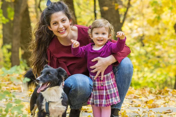 Mãe Feliz Com Seu Bebê Menina Seu Cão Parque Outono — Fotografia de Stock