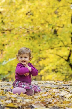 Mutlu sevimli küçük çocuk sonbahar yaprakları ile oynarken parkta oturan
