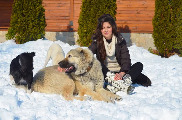 美丽的微笑的女人玩她的狗户外在冬天 主人和狗快乐在一起 — 图库照片