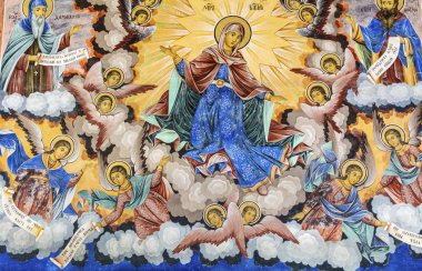 Rila Manastırı, Bulgaristan Mart 05, Rila Manastırı Kilisesi duvarlarda fresk 2019:Ancient.