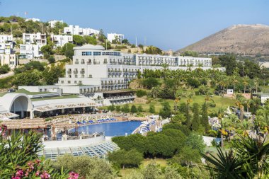 Bodrum,Türkiye-30 Haziran 2018:Bodrum'da Palmiye ve Havuzlu Lüks Tatil Köyü, Turkey.Travel ve Tatil Konsepti