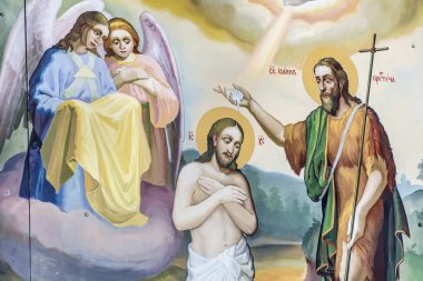 Kiev, Ukrayna 05 Mayıs 2019: Ortodoks Kilisesi Duvarında Azizlerle Antik Fresco.