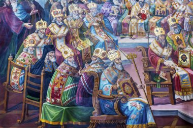 Kiev, Ukrayna 05 Mayıs 2019: Ortodoks Kilisesi Duvarında Azizlerle Antik Fresco.