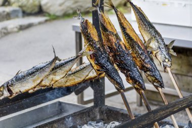 Dışarıda ızgara füme uskumru. Almanya 'da Yerel Balık İçme Geleneği.