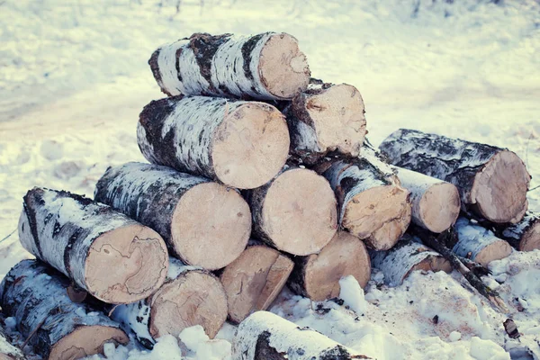 雪に積み上げられた薪家で熱の製材 — ストック写真