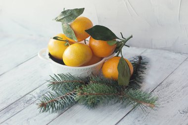 mandalina mandalina ile Noel ağacı branche ahşap bir zemin üzerine beyaz bir tabak içinde bırakır