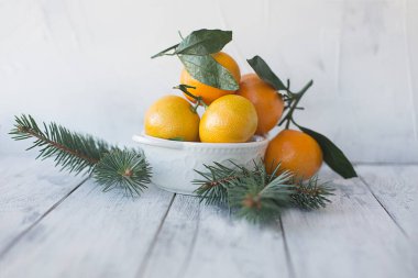 mandalina mandalina ile Noel ağacı dalları ahşap bir zemin üzerine beyaz bir tabak içinde bırakır