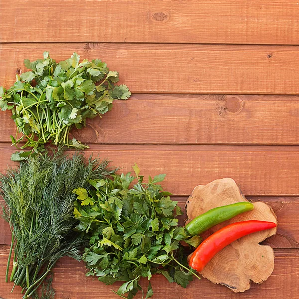 Petersilie und Dill mit Pfeffer scharf grün und rot auf Holzrücken — Stockfoto