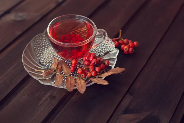 Чай теплый ароматный красный рябина на деревянном столе с ровой — стоковое фото