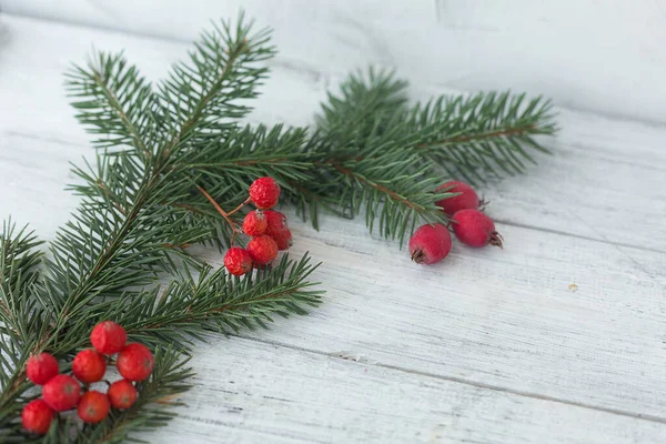 Grüner Zweig Eines Weihnachtsbaums Mit Roten Beeren Auf Weißem Horizontalen — Stockfoto