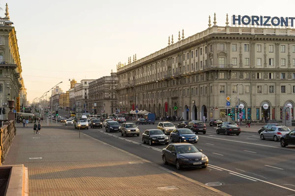 Minsk Bielorrússia Maio 2018 Centro Cidade Minsk Tráfego Ocupado Avenida — Fotografia de Stock