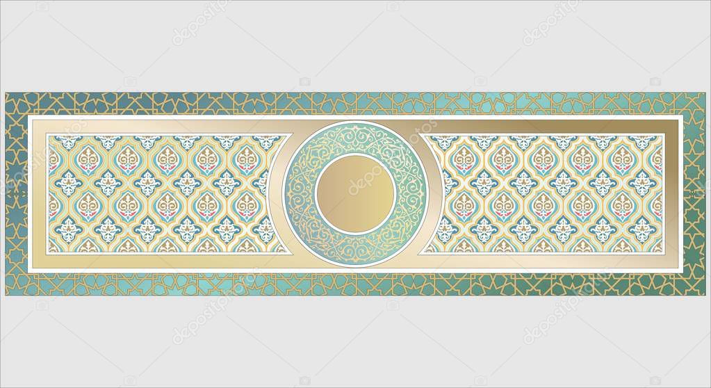GREAT INTEGRATED ISLAMIC, ARABIC, EASTERN, KAZAKH, PERSIAN ORNAMENT ON THE GREEN BACKGROUND. GOLDEN POOL.