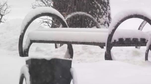 Скамейка в снежном городском парке — стоковое видео