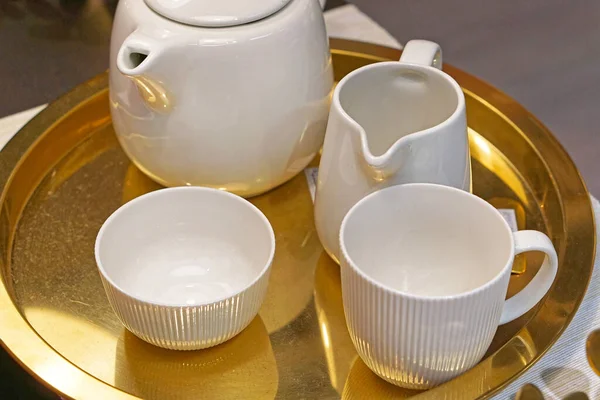 White Porcelain Ceramic Tea Set Golden Tray — Stock Photo, Image