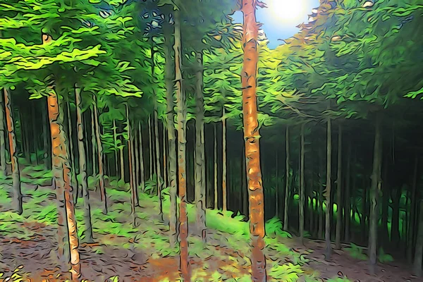 Eine Illustration Der Malerischen Baumstämme Eines Verträumten Waldes Mythischen Berg — Stockfoto