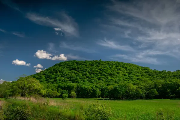 Paisagem Verão Com Prados Colinas Verdes Céu Azul Com Nuvens — Fotografia de Stock