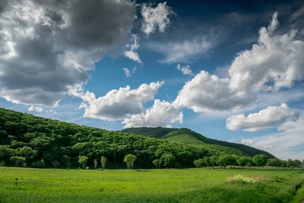緑の山々と草原 雲と空と夏の風景 ストック写真