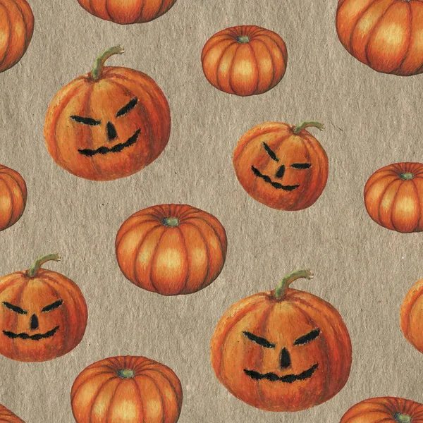 Raster seamless pattern with hand-drawn Halloween orange pumpkins on kraft-paper. Drawing with oil pastel, autumn holidays