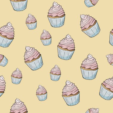 Uçuk sarı arka plana üzerinde krem lezzetli kekler seamless modeli