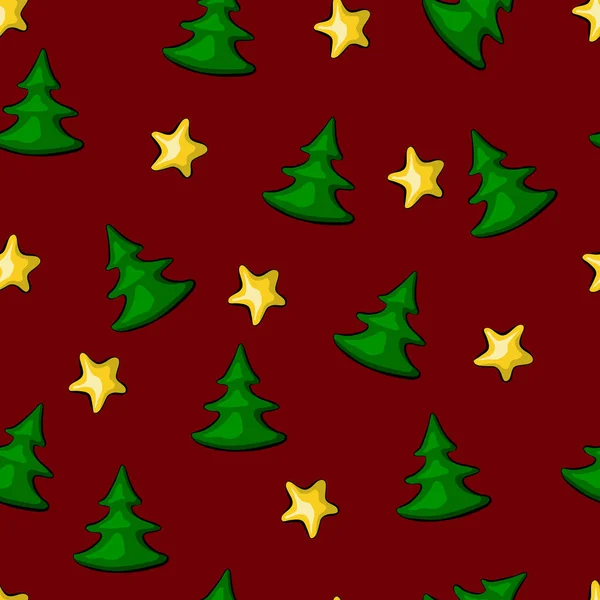 Nahtloses Muster Mit Gelben Sternen Und Grünen Weihnachtsbäumen Auf Rotem — Stockvektor