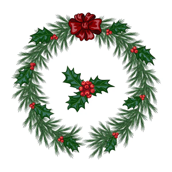 Christmas Decoration Wreath Fir Branches Holly Berries Holly Leaves Red — Stock Vector