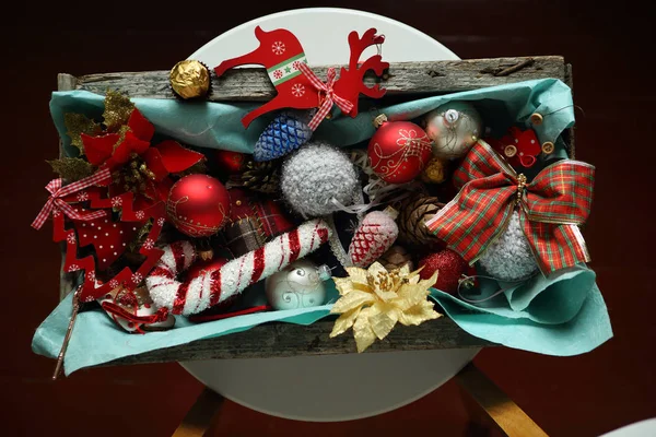 Christmas Decorations Vintage Box Flat Lay — Stock Photo, Image