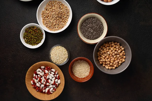 Organik fasulye ve tahıl, gıda üstten görünüm