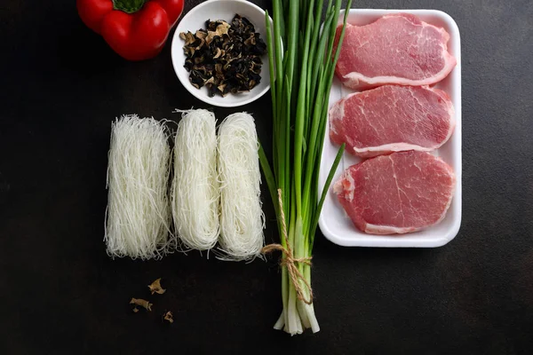 Čínské Nudle Ingredience Potraviny Ploché Rozložení — Stock fotografie