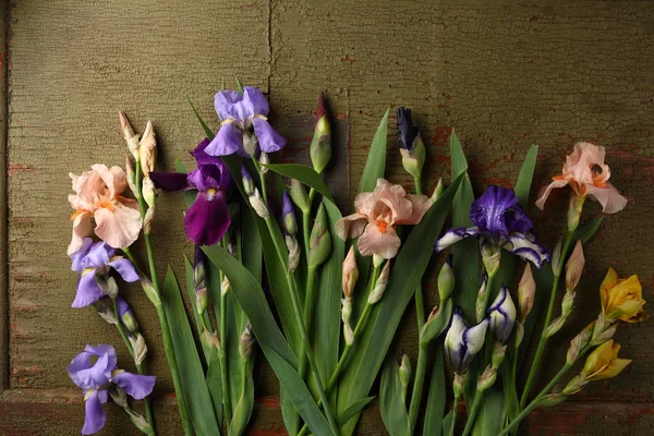Sommerblumen Iris Auf Altem Holz Urlaubskonzept — Stockfoto