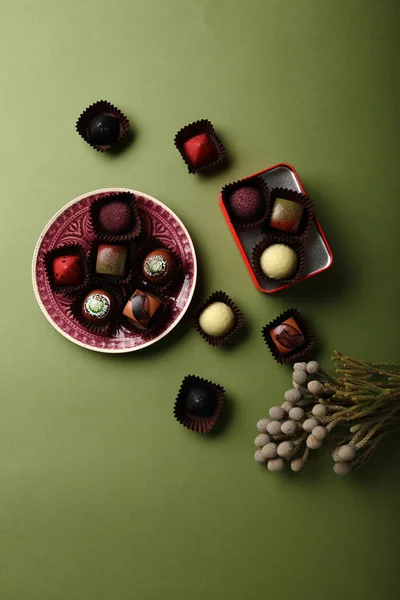 Surtido Caramelos Chocolate Comida Plana Laica —  Fotos de Stock