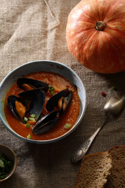 Autumn tradition soup with seafood — Stock Image Autumn Tradition Soup Seafood Stock Photo