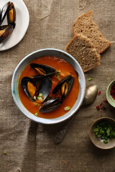 Pumpkin soup with mussels — Stock Image Pumpkin Soup Mussels Royalty Free Stock Photos