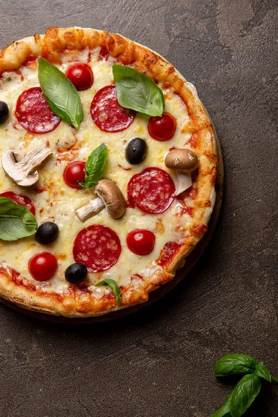 Pizza with pepperoni above — Stock Photo, Image