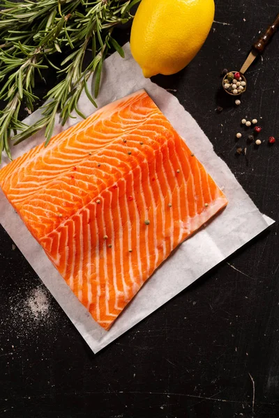 Raw salmon fish top view