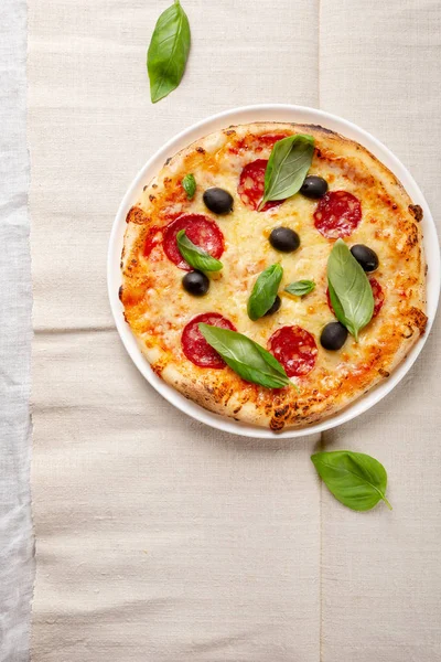 Sabrosa pizza con salami y queso —  Fotos de Stock
