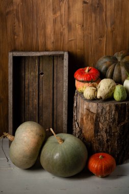 Rustik ahşap kabak seti, sonbahar natürmort