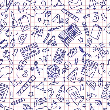 Geri okul Doodle için. Kırmızı çizgi kağıt üzerinde mavi Ballpen çizim. Okul Acessories