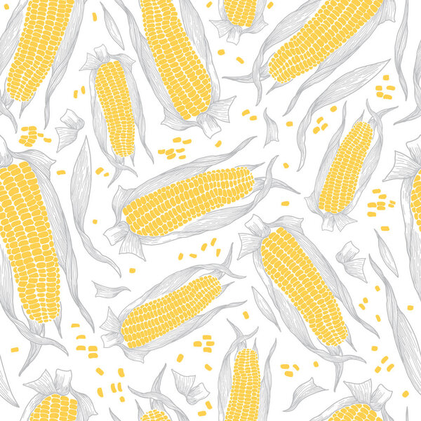 Sweet Corn or Maize Regular Seamless Pattern in White, Yellow and Grey. Nature Wallpaper