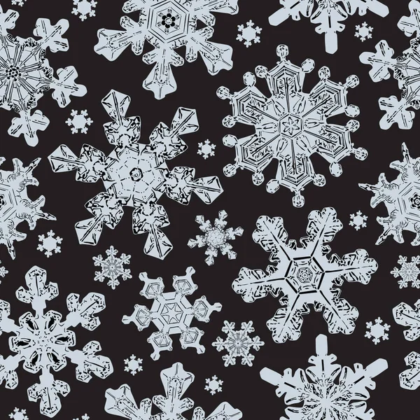 Matné Okno Noci Bezešvé Pattern Detailní Sněhové Vločky Světle Modrá — Stockový vektor