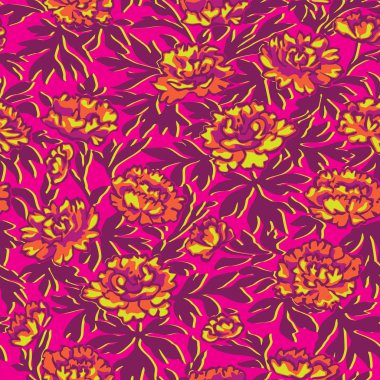 Pembe bir arka plan üzerinde renkli çizilmiş Peonies Seamless modeli