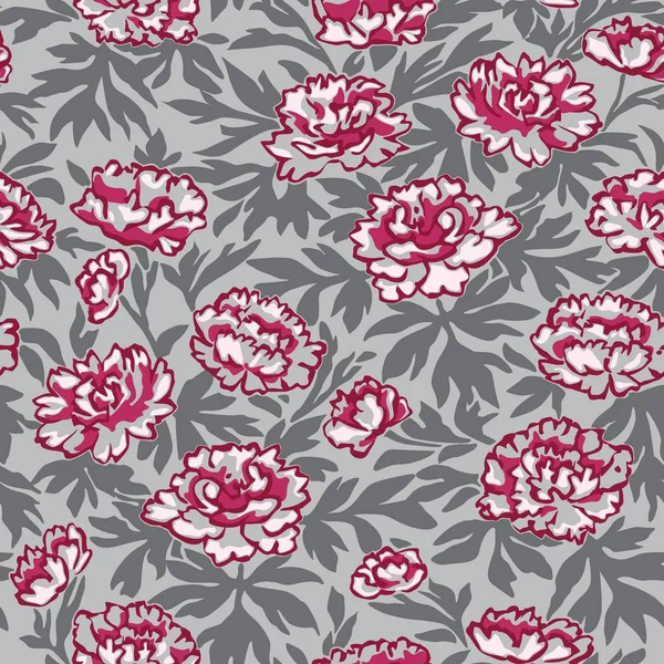 Élégant Motif Sans Couture Pivoines Dessinées Main Sur Fond Gris — Image vectorielle