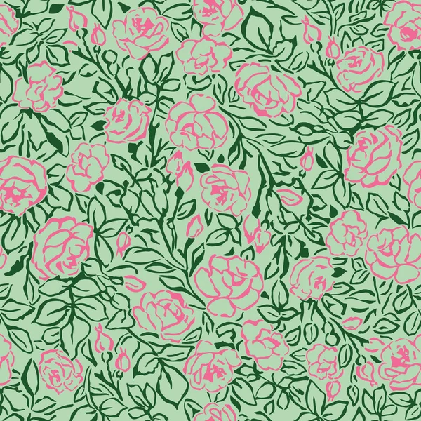 Hand Drawn Pink Roses Seamless Pattern Green Background Simple Line — Stock Vector