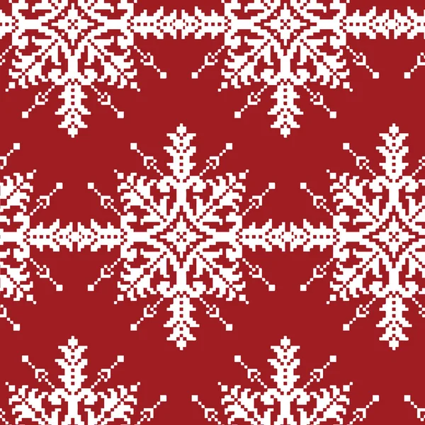 Weiße Kreuzstich Schneeflocken Nahtlose Muster Auf Rot Traditionelle Weihnachtstapete — Stockvektor