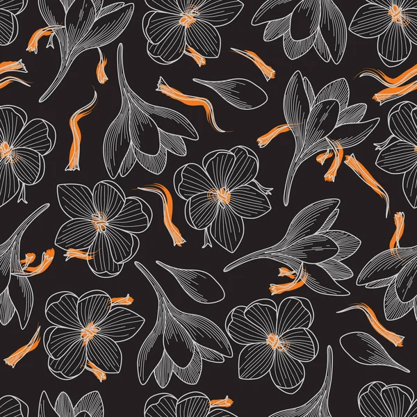 Détaillée Orange Safran Crocus Fleurs Ligne Dessin Sans Couture Modèle — Image vectorielle