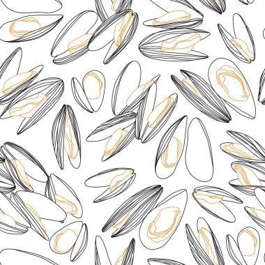 Mussels Sketch Design Seamless Line Pattern on White clipart