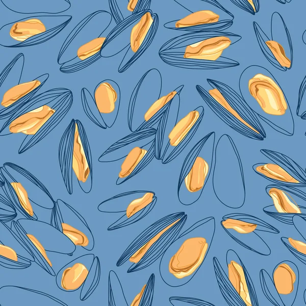 Μύδια σκίτσο σχέδιο χωρίς ραφές γραμμή μοτίβο στο μπλε — Διανυσματικό Αρχείο