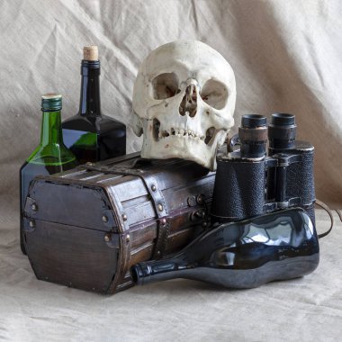 Natürmort nesneleri seyahat, bir korsan tema ile.