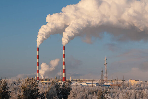 Pipes of thermal power plants on a frosty winter day. White thick smoke from high pipes of thermal power station. White steam against the blue sky on a frosty winter day.